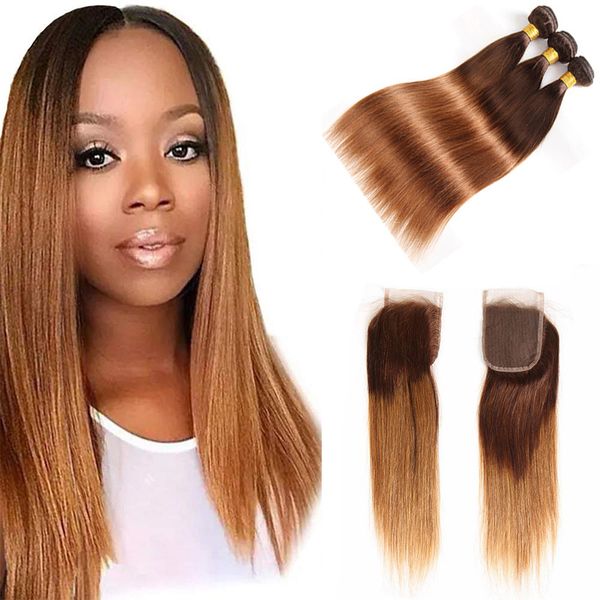 peruvian virgin straight hair bundles ombre hair 3 4 bundles with closure blonde lace closure with bundles 4/30# human hair extensions, Black;brown