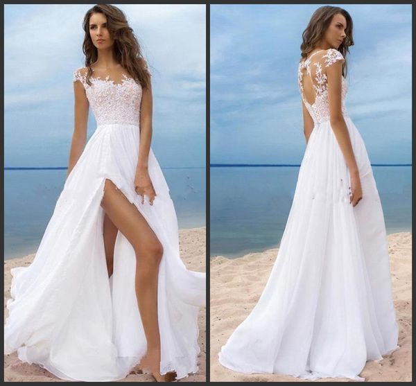 modest 2019 new beach wedding dresses lace cap sleeves chiffon high split lace-up back long bridal gowns custom made in china, White
modest 2019 new beach wedding dresses lace cap sleeves chiffon high split lace-up back long bridal gowns custom made in china, White