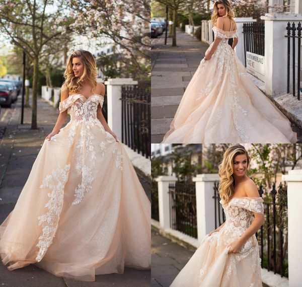 milla nova 2019 champagne wedding dresses with white lace appliques off the shoulder a line sweep train beach wedding dress bridal gowns