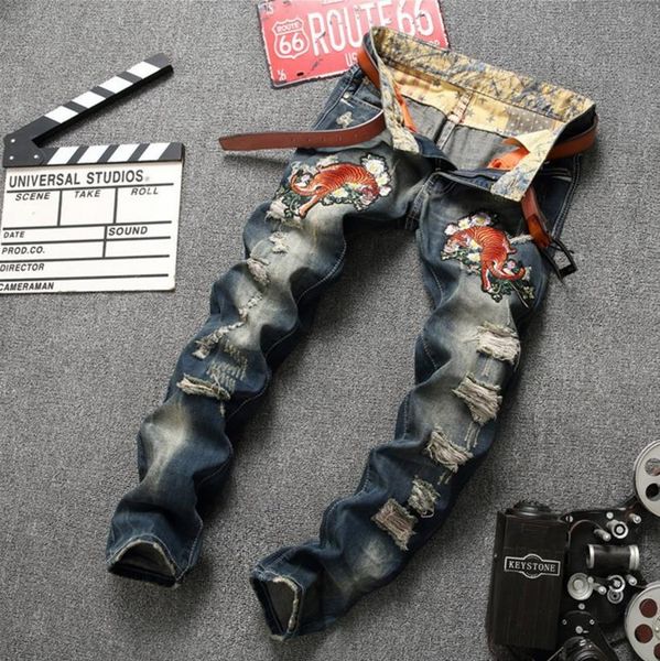 mens chinese embroidery tiger floral vintage jeans washed holes denim pants high street wear ripped jeans, Blue
mens chinese embroidery tiger floral vintage jeans washed holes denim pants high street wear ripped jeans, Blue