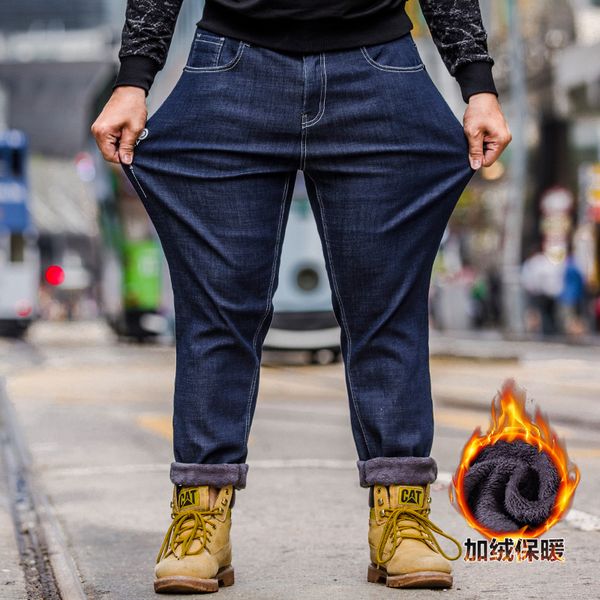 winter elastic waist jeans men warm pants, Blue 
winter elastic waist jeans men warm pants, Blue