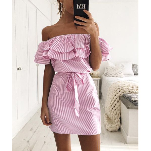 Straight Stainlizard Fashion Casual Summer Women Dress Short Mini Striped Pattern Slash Neck Beach Sexy Dress Boho Cute Dress