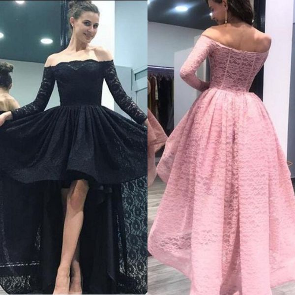 long sleeves off the shoulder high low prom dresses vintage lace pink black short front long back illusion evening party gowns high quality
long sleeves off the shoulder high low prom dresses vintage lace pink black short front long back illusion evening party gowns high quality
