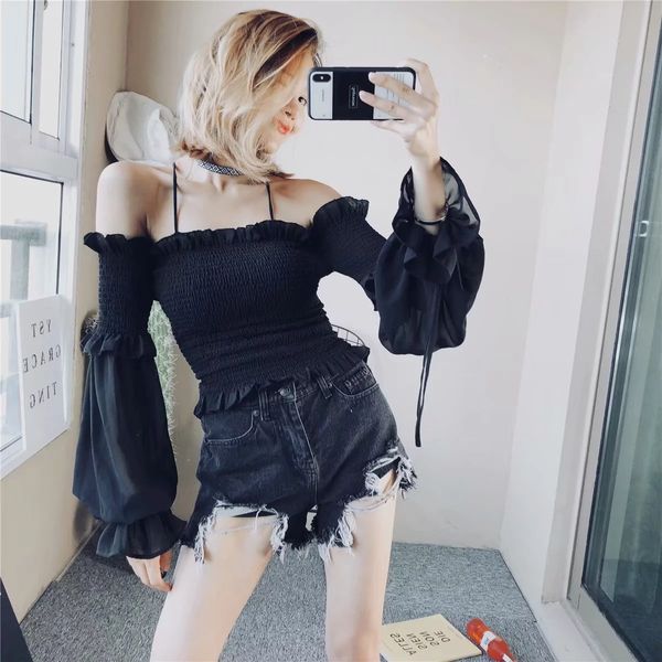 2018 summer fashion women slash neck black chiffon blouse young lady style lantern long sleeve party cropped shirts streetwear, White
2018 summer fashion women slash neck black chiffon blouse young lady style lantern long sleeve party cropped shirts streetwear, White