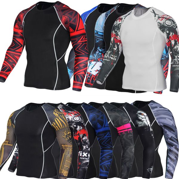 S-4XL Men Stretch Tight Bodybuilding Compression Long Sleeve Fitness Clothing Workout Running Training Shirt Gym T-Shirt Top