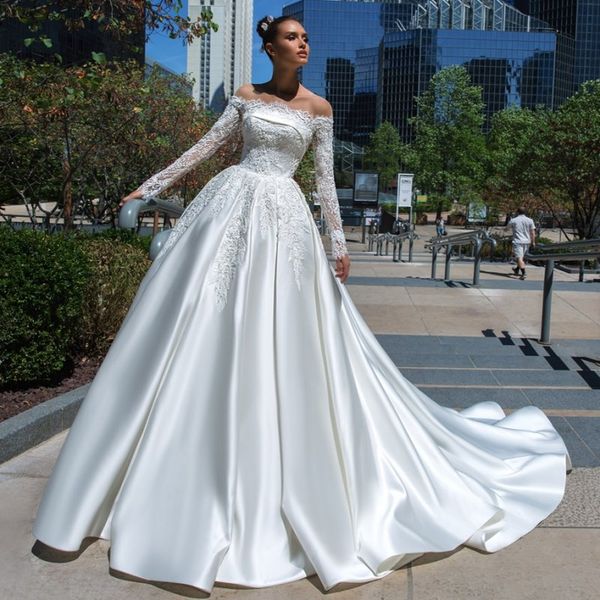 classy beaded lace wedding dresses a line sheer off the shoulder long sleeves bridal gowns court train satin appliqued vestido de novia, White
classy beaded lace wedding dresses a line sheer off the shoulder long sleeves bridal gowns court train satin appliqued vestido de novia, White