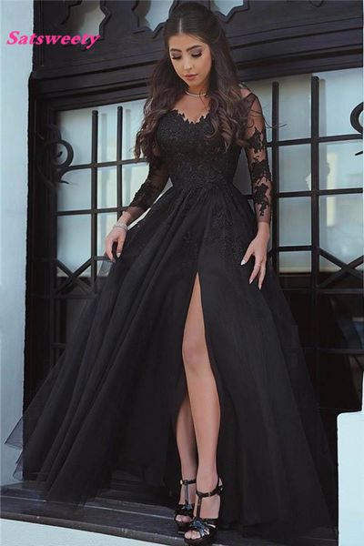 new design lace appliques illusion slit evening dress open back formal party gown long sleeve prom dresses, Black
new design lace appliques illusion slit evening dress open back formal party gown long sleeve prom dresses, Black