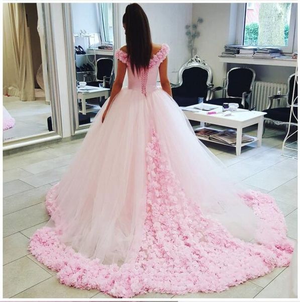 pink ball gown wedding dresses off shoulder 3d floral appliques bridal gowns lace up sweep train tulle custom made wedding gowns, White
pink ball gown wedding dresses off shoulder 3d floral appliques bridal gowns lace up sweep train tulle custom made wedding gowns, White
