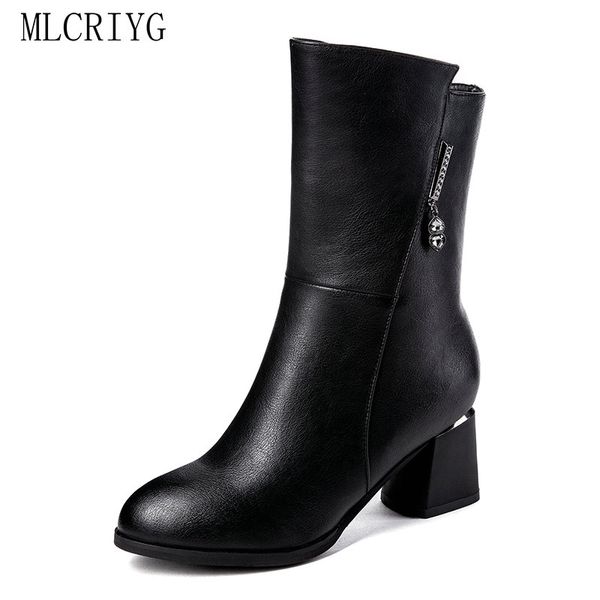 

2018 new concise women rain boots autumn wild pu leather shoes woman high heels ladies mid calf footwear for working, Black