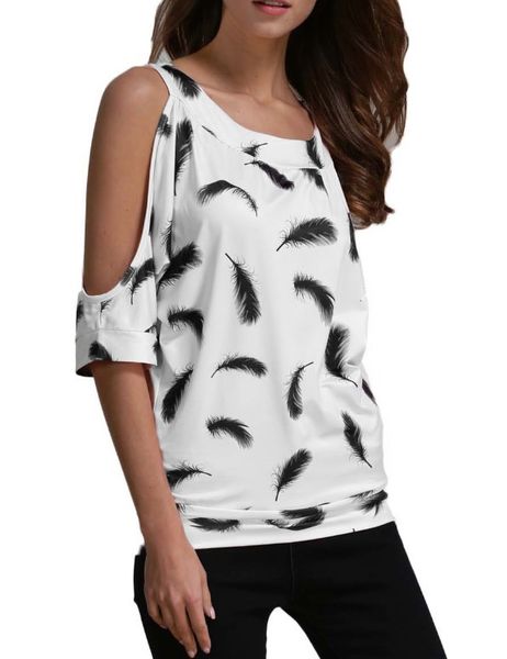 shoulder women open cold-shoulder v-neck short sleeve irregular hem cut out tunic off shoulder t-shirt tees, White