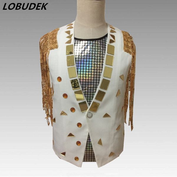 men gold mirrors tassels vest sequins waistcoats tide male dj singer stage outfit club rock hip hop dance performance costumes, Black;white 
men gold mirrors tassels vest sequins waistcoats tide male dj singer stage outfit club rock hip hop dance performance costumes, Black;white