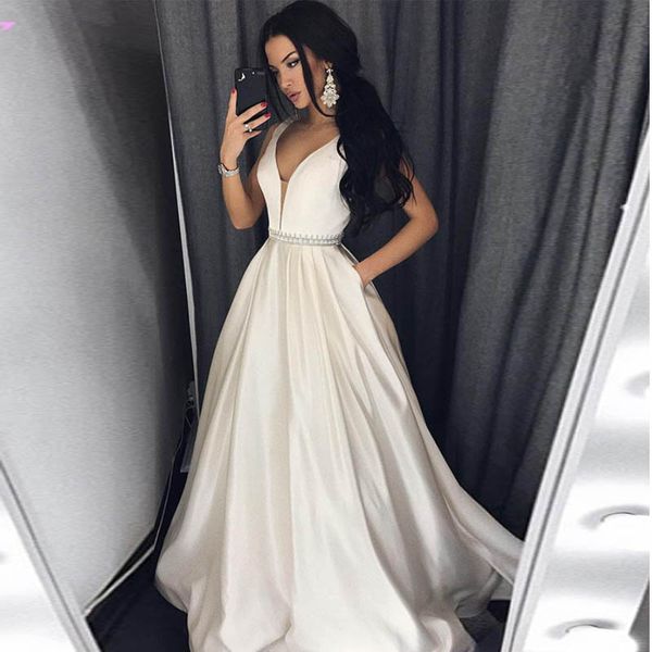new arrival ivory long prom dresses party evening gown v neck satin dress party evening, Black
new arrival ivory long prom dresses party evening gown v neck satin dress party evening, Black
