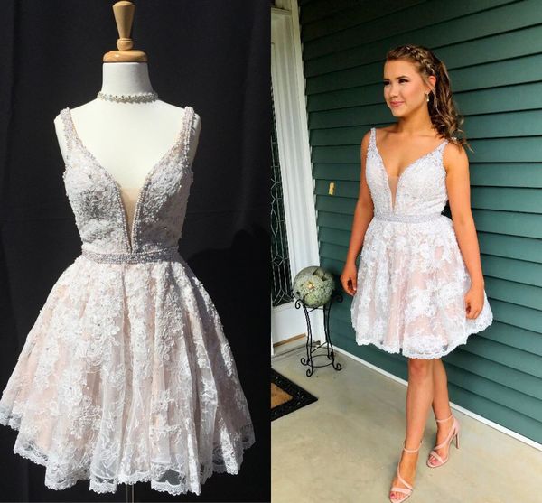 elegant lace white short homecoming dresses deep v neck beading white nude backless prom dresses cocktail party dresses, Blue;pink