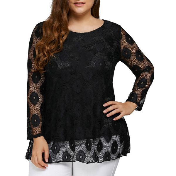 plus size 5xl floral lace patchwork long sleeve long t-shirts female lace hollow out loose casual o-neck solid tees women, White 
plus size 5xl floral lace patchwork long sleeve long t-shirts female lace hollow out loose casual o-neck solid tees women, White