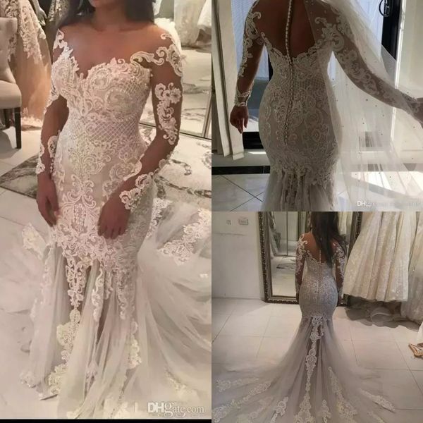 2019 lace wedding dresess sheer jewel neck appliques pearls sweep train long sleeve bridal gowns illusion mermaid wedding dress, White
2019 lace wedding dresess sheer jewel neck appliques pearls sweep train long sleeve bridal gowns illusion mermaid wedding dress, White