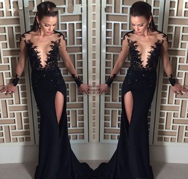 black lace long prom dresses high thigh split mermaid evening dresses sheer neck evening party gowns v neck long sleeve party wear
black lace long prom dresses high thigh split mermaid evening dresses sheer neck evening party gowns v neck long sleeve party wear