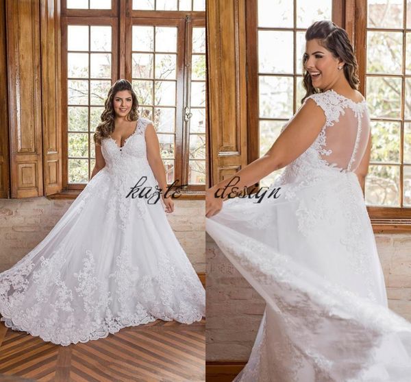 2018 plus size lace a line country wedding dresses v neck tulle applique sweep train wedding bridal gowns with covere buttons, White
2018 plus size lace a line country wedding dresses v neck tulle applique sweep train wedding bridal gowns with covere buttons, White