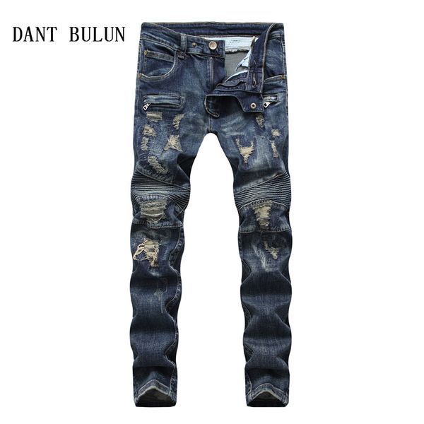 

dant bulun men jeans biker distressed fashion hip hop slim fit zipper ripped denim trousers male pleated zipper hole pants,l1806, Blue