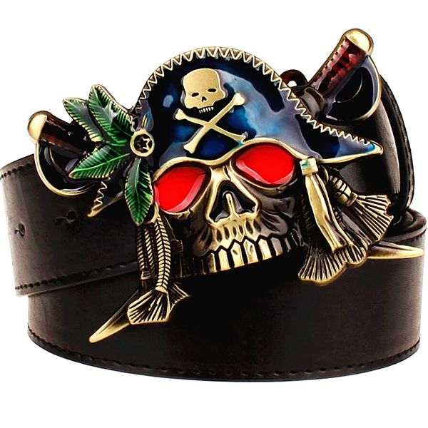 

fashion new men's leather belt metal buckle colored pirate knife belts punk rock exaggerated skull pirate belt hip hop girdle, Black;brown