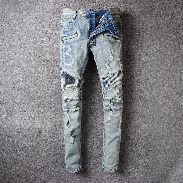 high street biker distressed mens ripped skinny true brand black jeans for fashion hip hop popular logo locomotive male foreign trade jeans, Blue
high street biker distressed mens ripped skinny true brand black jeans for fashion hip hop popular logo locomotive male foreign trade jeans, Blue