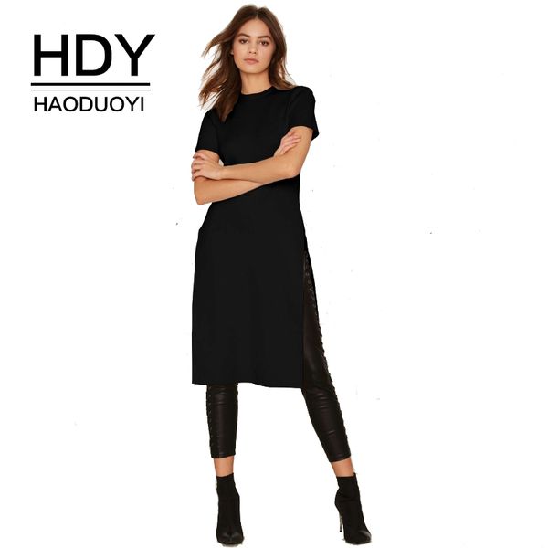 

hdy haoduoyi stand neck solid short sleeve t-shirt 2018 new arrival side split slim bodycon casual elegant for women, White