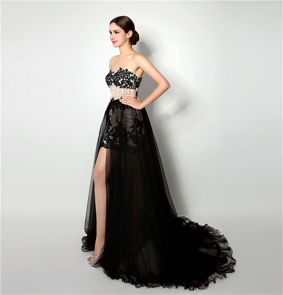 two pieces prom dresses exposed boning pleats tulle applique with beads evening dresses, Black
two pieces prom dresses exposed boning pleats tulle applique with beads evening dresses, Black