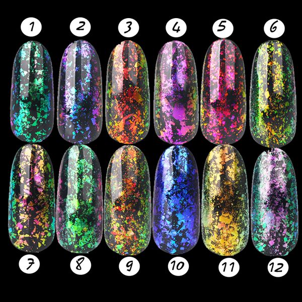 

1set 12 color chameleon flakes pigment nail sequins glitter dust dazzling transparent flake powder nails glitter flake, Silver;gold