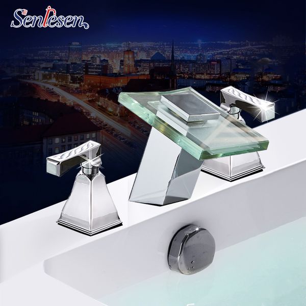 

senlesen bathroom vessel sink waterfall spout dual handle for basin and cold water mixer tap deck mount brass faucets