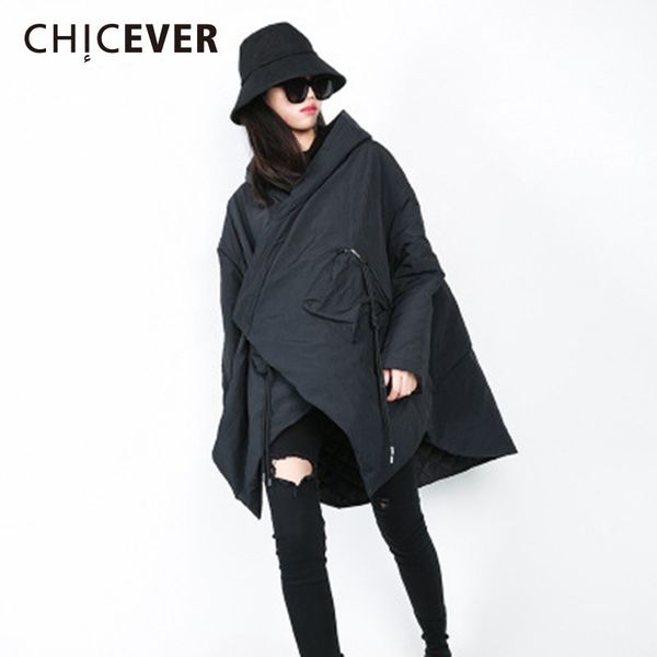 

chicever winter down jacket for women hooded long sleeve lace up irregular hem thick coat female jackets fashion streetwear tide, Black