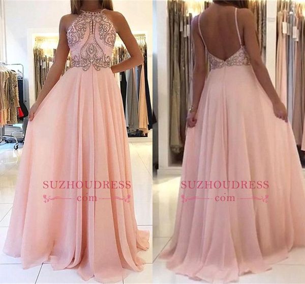 light pink a line chiffon crystals beaded long prom dresses halter backless long evening party wear ba9233, Black
light pink a line chiffon crystals beaded long prom dresses halter backless long evening party wear ba9233, Black