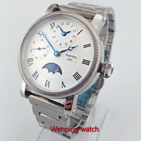 42mm white dial moon phase gmt hand winding movement watch steel strap w54, Slivery;brown
42mm white dial moon phase gmt hand winding movement watch steel strap w54, Slivery;brown