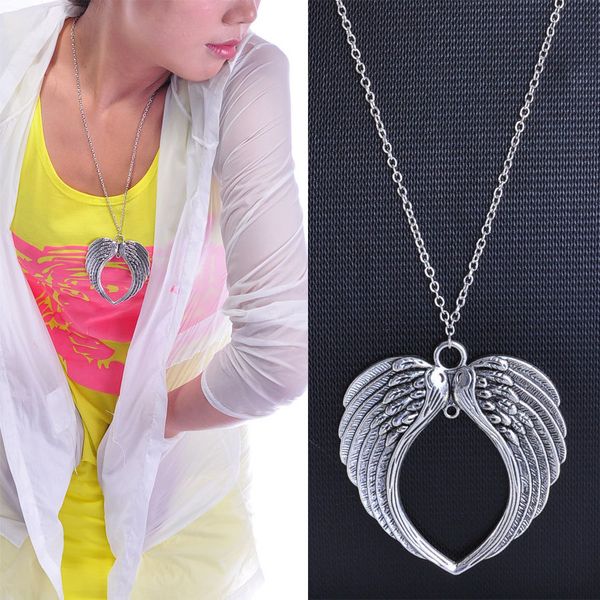 2018 горячий продавать старинное серебро в форме сердца двойной ангел крылья подвески подвеска ожерелье моды женщин ювелирные изделия подаро, Silver 
2018 горячий продавать старинное серебро в форме сердца двойной ангел крылья подвески подвеска ожерелье моды женщин ювелирные изделия подаро, Silver
