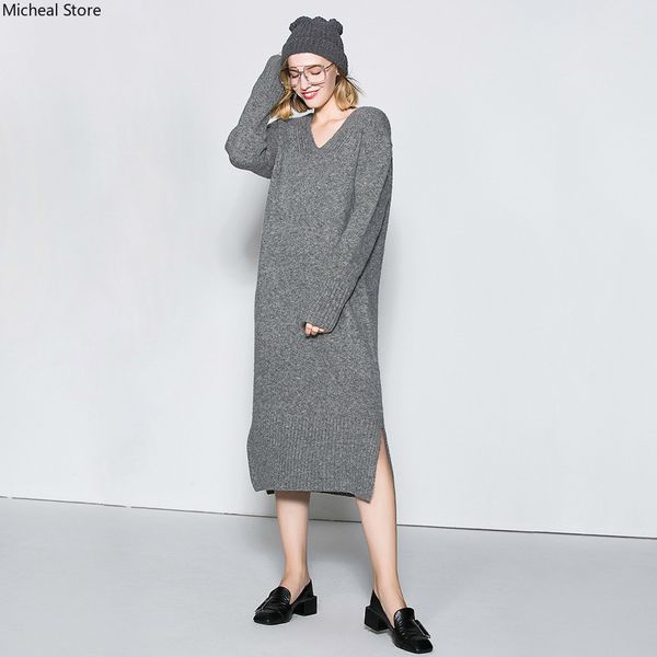women's wear 2018 autumn winter new style v collar knitted dress long split fork sweater large dress sweater, White;black
women's wear 2018 autumn winter new style v collar knitted dress long split fork sweater large dress sweater, White;black