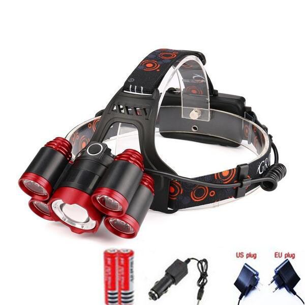 Cree 5*led Xml T6 Headlight 8000 Lumens 4 Mode Zoomable Headlamp Rechargeable Head Lamp Flashlight+2*18650 Battery+ac/dc Charger