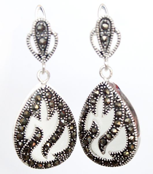 

11/2" late trend 925 silver & marcasite inlay white opal waterdrop earrings, Golden;silver