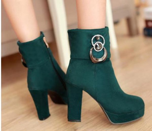 send short boots autumn and winter 2017 high heels coarse heel waterproof table women's boots, Black