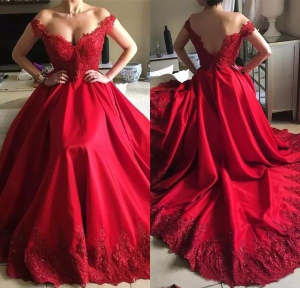 custom off shoulder lace long evening dresses 2019 with beaded appliques court train backless formal prom party gowns, Black;red
custom off shoulder lace long evening dresses 2019 with beaded appliques court train backless formal prom party gowns, Black;red