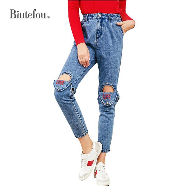 2018 autumn knee hole patch designs jeans women embroidery high waist ankle-length pants, Blue
2018 autumn knee hole patch designs jeans women embroidery high waist ankle-length pants, Blue