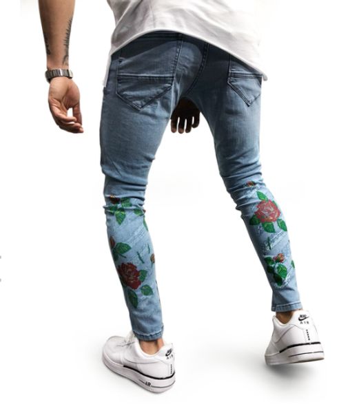 mens light blue pencil jeans rose printed skinny denim pants with pockets ripped washed street style pants
mens light blue pencil jeans rose printed skinny denim pants with pockets ripped washed street style pants