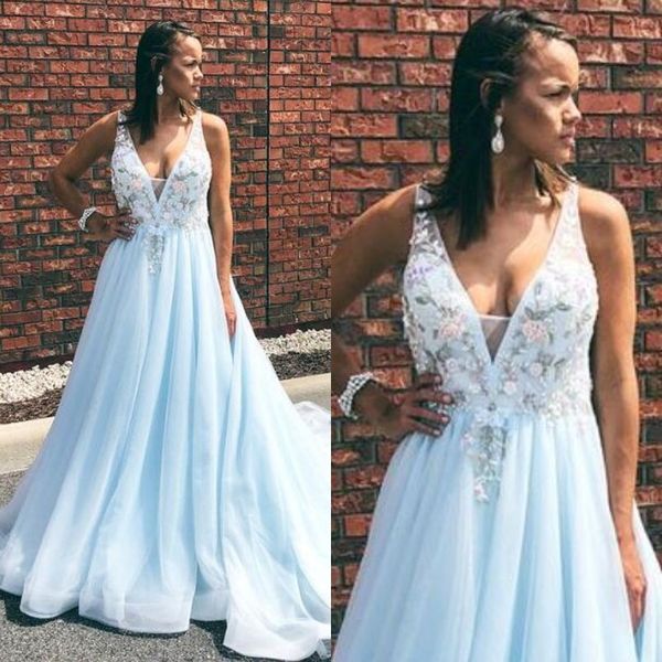 2019 new arrival long prom dresses plunging deep v neck sleeveless colorful appliqued embroidery open back light sky blut evening gown, Black 
2019 new arrival long prom dresses plunging deep v neck sleeveless colorful appliqued embroidery open back light sky blut evening gown, Black