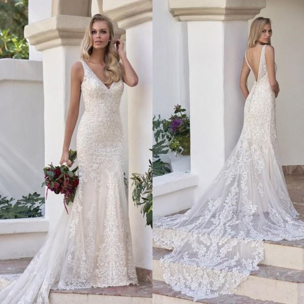 2018 new deep v neck lace appliqued mermaid wedding dresses sleeveless backless beads bridal gowns custom made vestidos de novia, White
2018 new deep v neck lace appliqued mermaid wedding dresses sleeveless backless beads bridal gowns custom made vestidos de novia, White