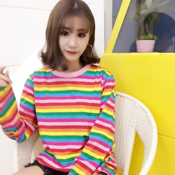 

2017 women's punk harajuku ulzzang rainbow color horizontal stripes loose ulzzang female long sleeves tshirt female kawaii, White