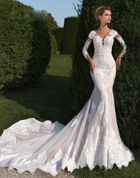 designer mermaid lace wedding dresses jewel neck appliqued illusion back castle bridal gowns trumpet tulle chapel train vestido de novia, White
designer mermaid lace wedding dresses jewel neck appliqued illusion back castle bridal gowns trumpet tulle chapel train vestido de novia, White