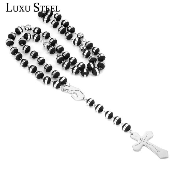 

luxusteel 2018 new virgin mary long rosary necklaces stainless steel black bead with silver color chain necklace cross pendants