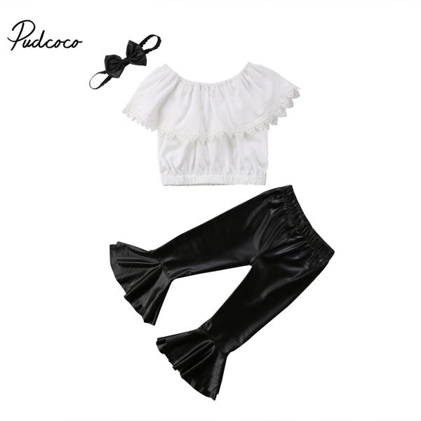 

3pcs summer toddler kids girl lace off shoulder +pu leather bell-bottom flared pants trouser headband outfits clothing set, White