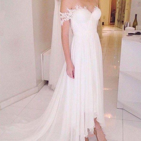 summer high low chiffon wedding dresses new pleats simple lace off-the-shoulder a-line boho style beach bridal gowns vestidos de noiva w727, White
summer high low chiffon wedding dresses new pleats simple lace off-the-shoulder a-line boho style beach bridal gowns vestidos de noiva w727, White