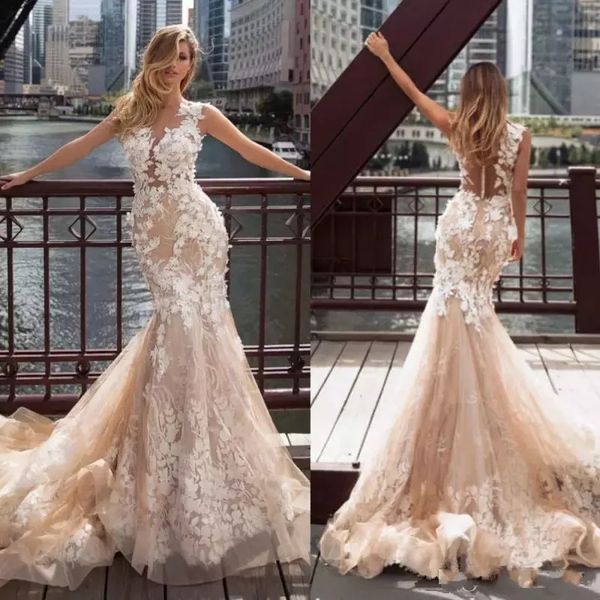 milla nova 2020 champagne mermaid wedding dresses lace applique sheer neck bridal gowns beach sweep train wedding dress, White
milla nova 2020 champagne mermaid wedding dresses lace applique sheer neck bridal gowns beach sweep train wedding dress, White
