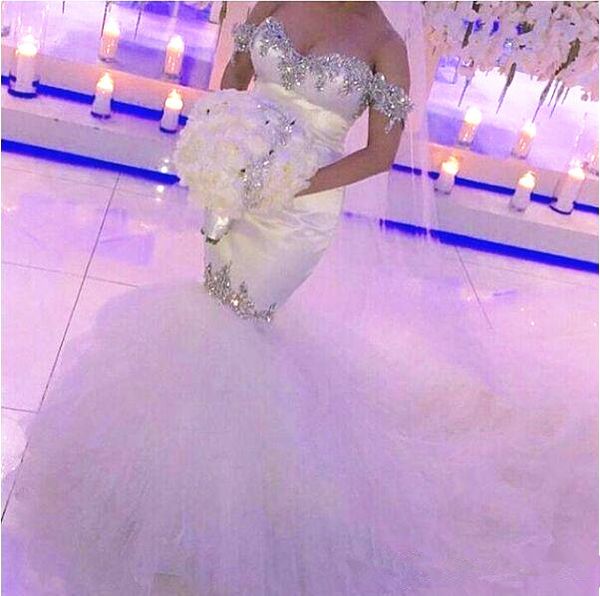 crystals mermaid wedding dresses off shoulder short sleeve rhinestones beadings satin tulle sparkly bridal gowns custom made, White
crystals mermaid wedding dresses off shoulder short sleeve rhinestones beadings satin tulle sparkly bridal gowns custom made, White