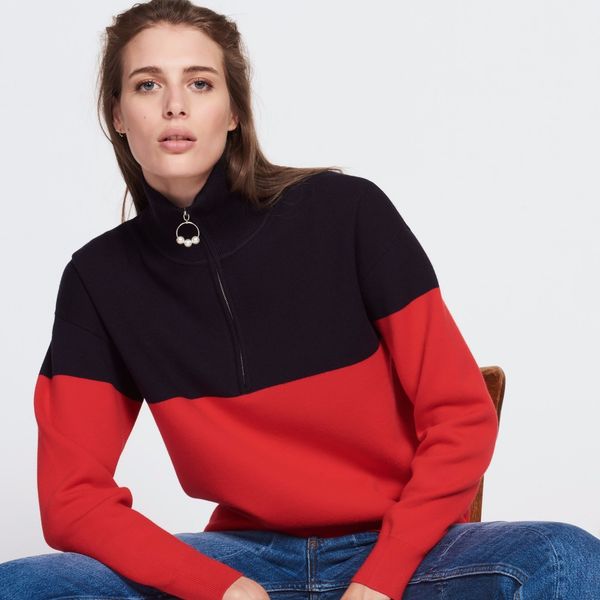 ss18 women's spring zip-up high neck with a beaded ring closure colorblock half-zip sweatshirt, Black
ss18 women's spring zip-up high neck with a beaded ring closure colorblock half-zip sweatshirt, Black