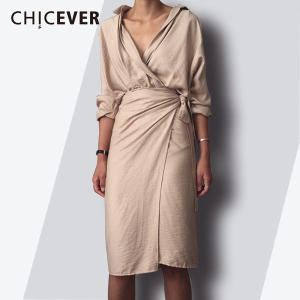 

chicever 2018 spring fashion women dress v neck slim hem split casual temperament bandage dresses female clothes new, White;black